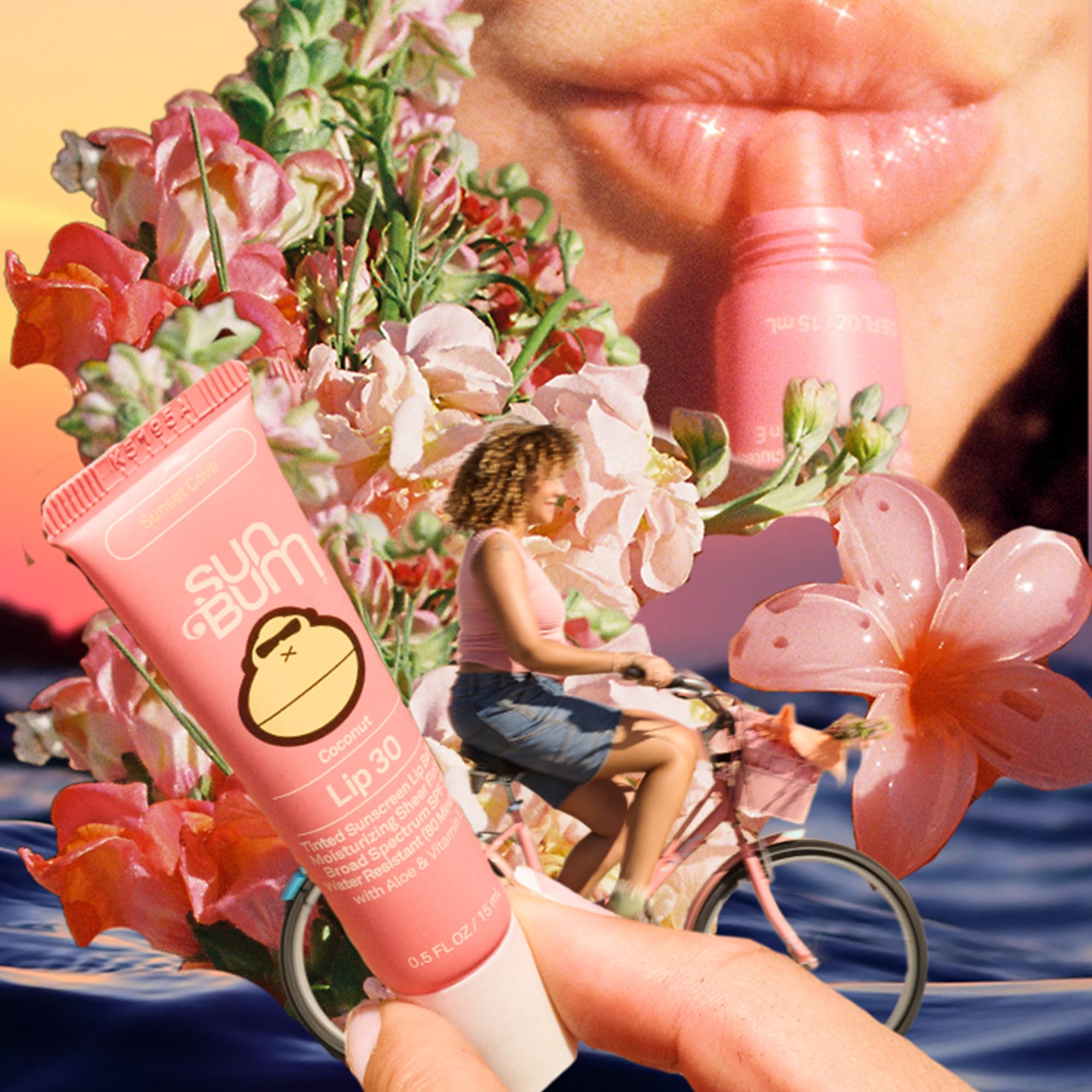 Sun Bum Sunset Cove tinted lip balm coconut scent for a tropical lip experience.