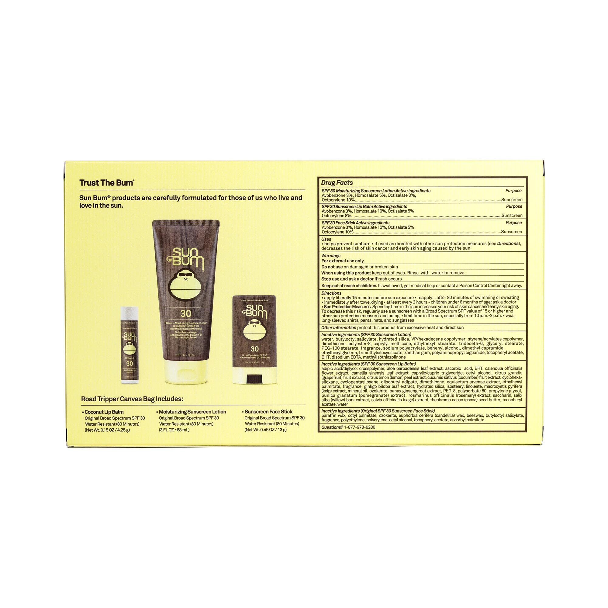 Sun Bum Road Tripper pack shown with lotion, stick, and lip balm.