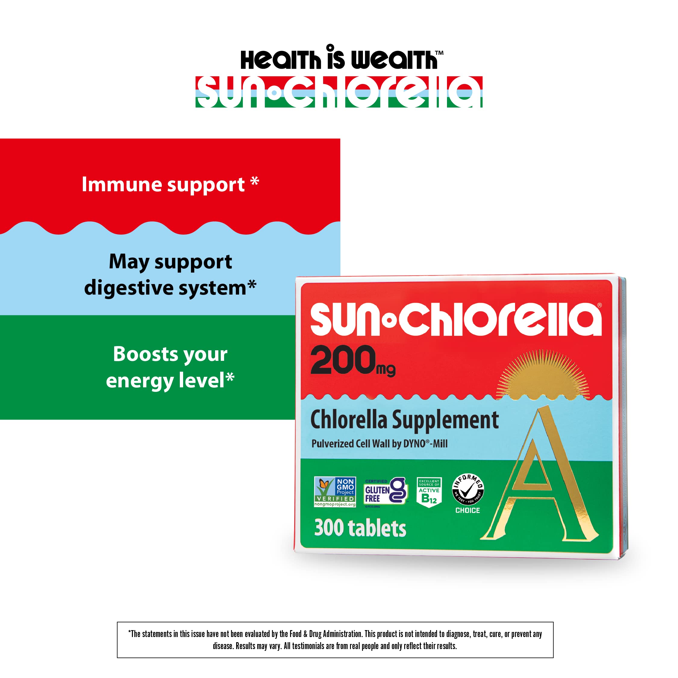 Sun Chlorella bottle front display signaling non-GMO, clean ingredients
