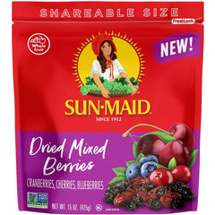 Sun-Maid dried mixed berries in a resealable bag, ideal for on-the-go snacking.