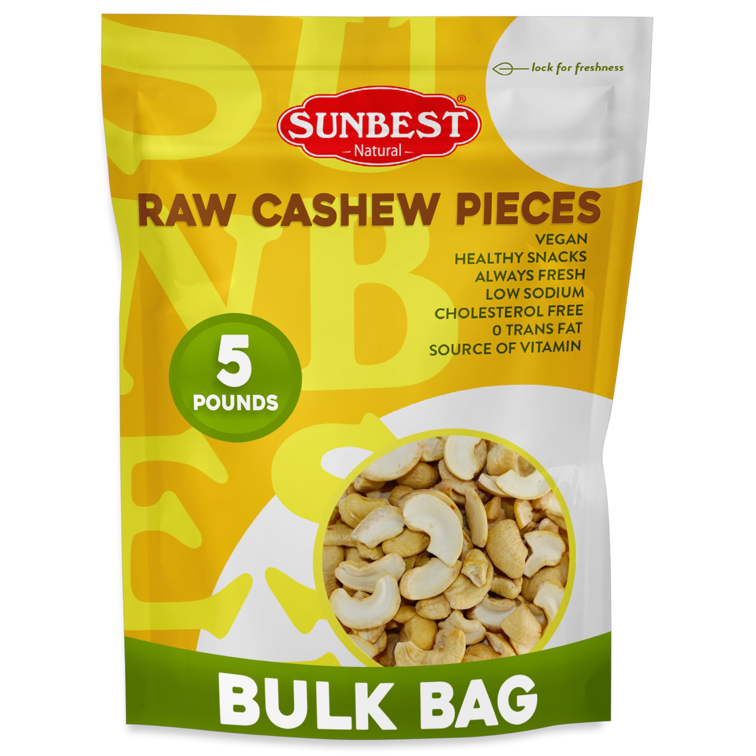 SUNBEST NATURAL raw cashews packaging highlights a convenient bulk snack for kitchens and parties.