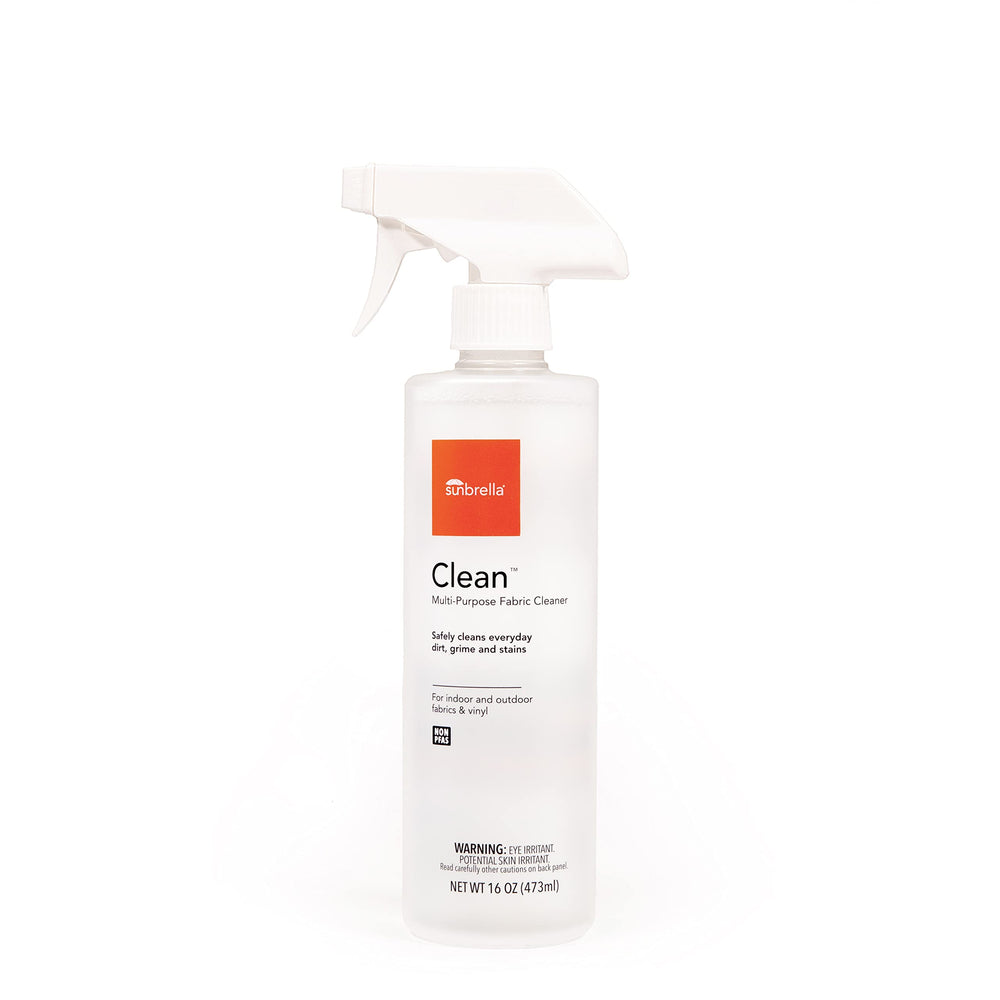 Sunbrella Clean bottle shows versatile fabric cleaner for Sunbrella textiles and vinyl, removing stains