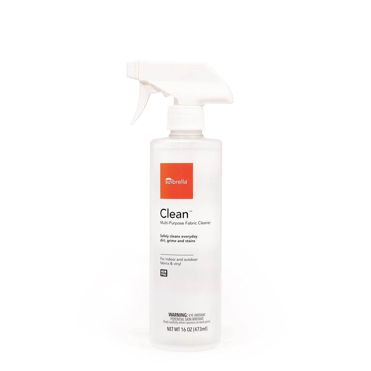 Sunbrella Clean bottle shows versatile fabric cleaner for Sunbrella textiles and vinyl, removing stains