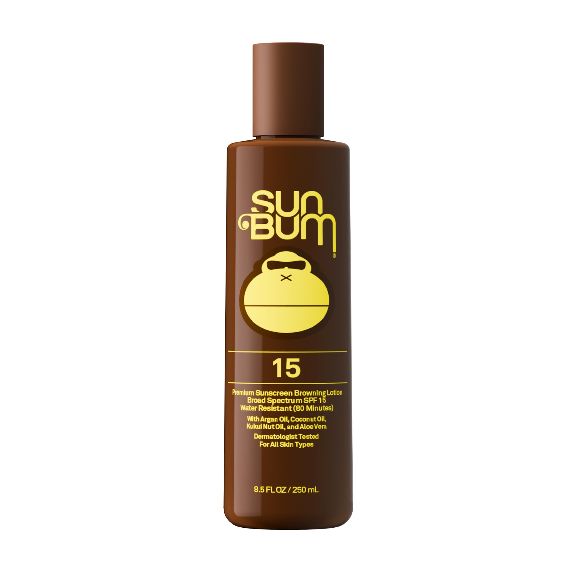 Sun Bum SPF 15 Browning Lotion bottle shown with a tropical vibe and compact size for travel.