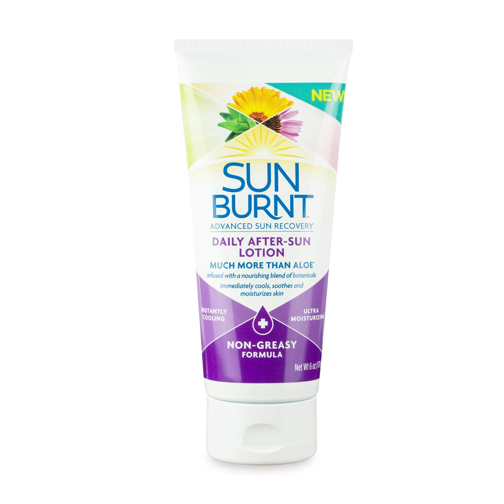 SunBurnt Advanced After-Sun Lotion label closeup highlighting soothing, non-greasy formula