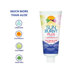 Sunburnt Plus After-Sun Gel with Aloe Vera plant highlights soothing botanicals.