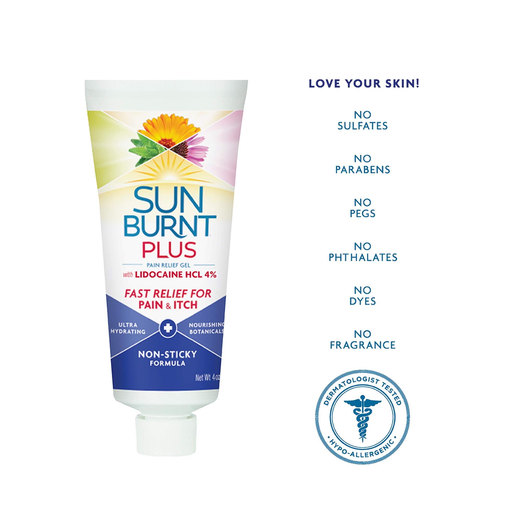 Sunburnt Plus After-Sun Gel calendula flowers emphasize anti-inflammatory care.