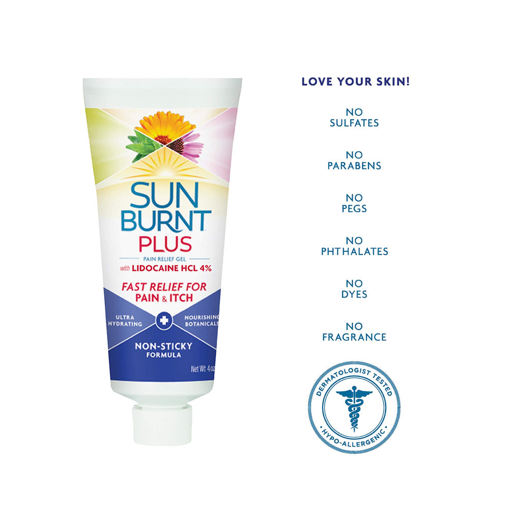 Sunburnt Plus After-Sun Gel calendula flowers emphasize anti-inflammatory care.
