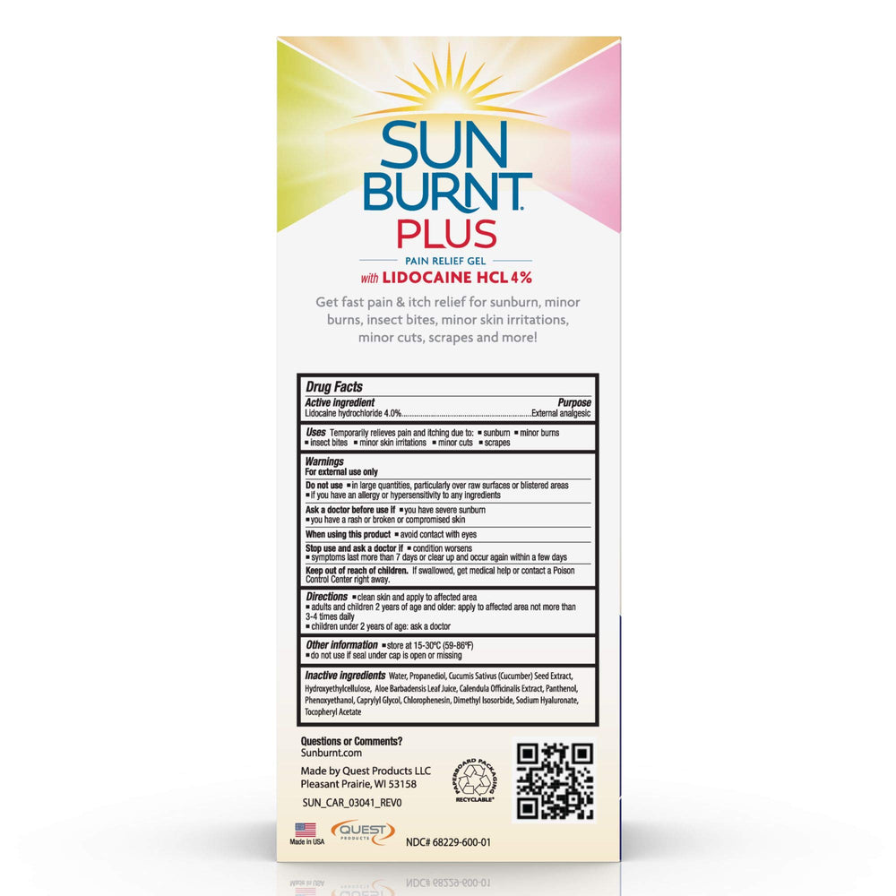 Sunburnt Plus After-Sun Gel label close-up highlighting lidocaine and soothing ingredients.