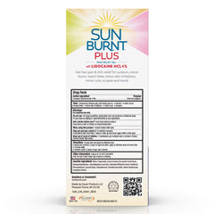 Sunburnt Plus After-Sun Gel label close-up highlighting lidocaine and soothing ingredients.
