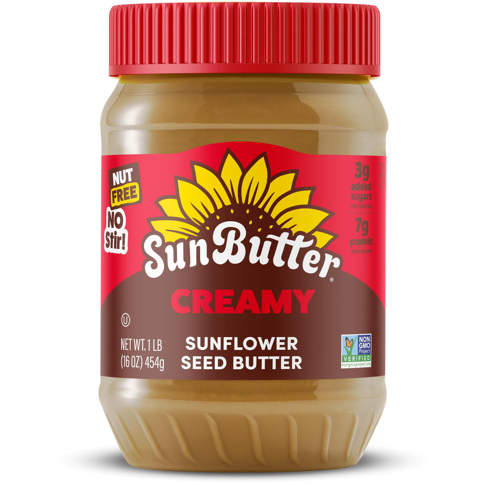 SunButter Creamy Sunflower Seed Butter in a jar with a smooth, spreadable texture.