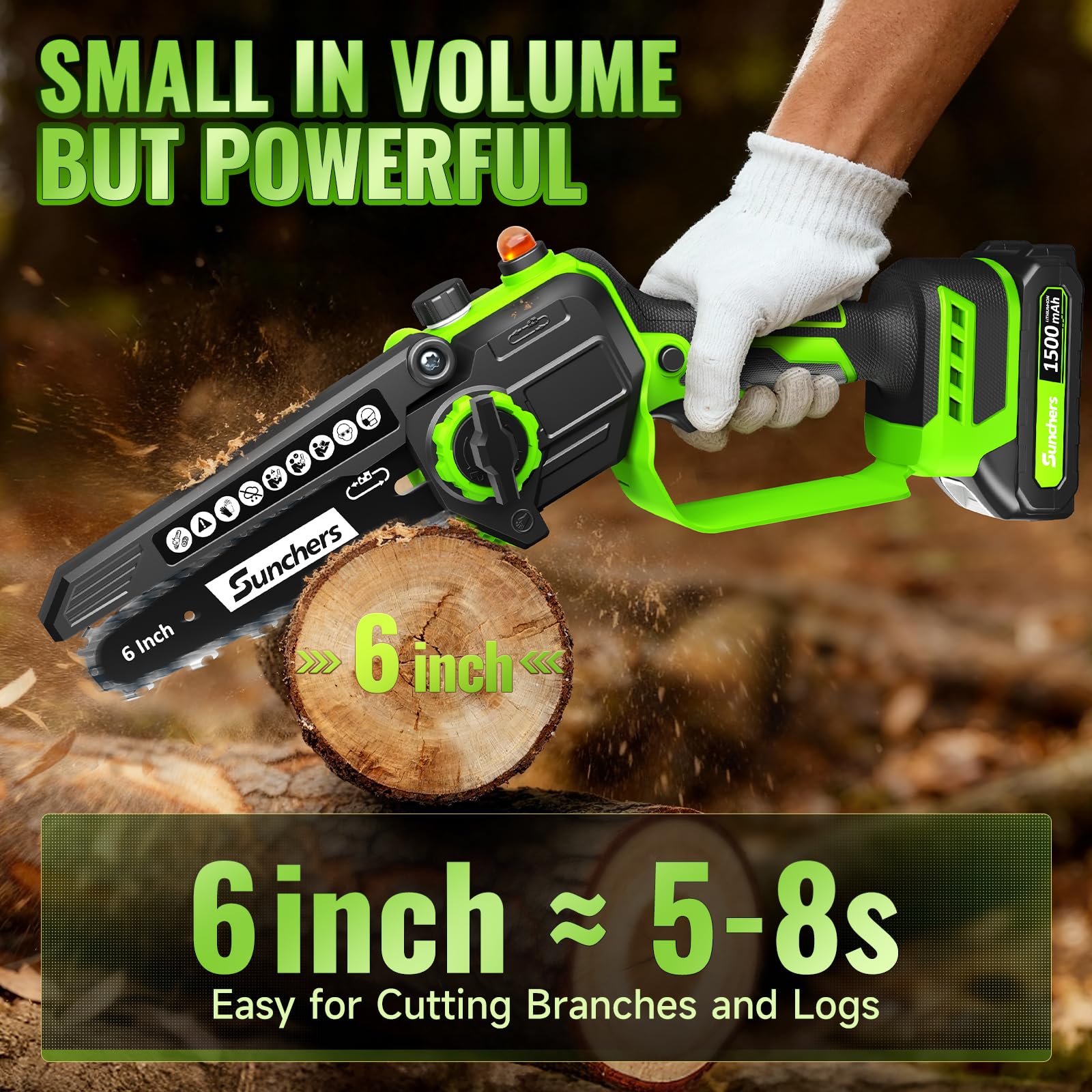 SUNCHERS cordless 6-inch chainsaw with two batteries for extended yard sessions.
