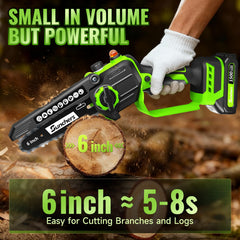 SUNCHERS cordless 6-inch chainsaw with two batteries for extended yard sessions.