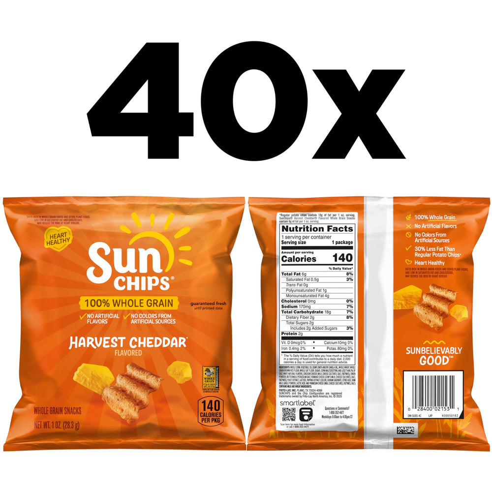 SunChips Harvest Cheddar bag side panel highlighting whole grains and reduced fat
