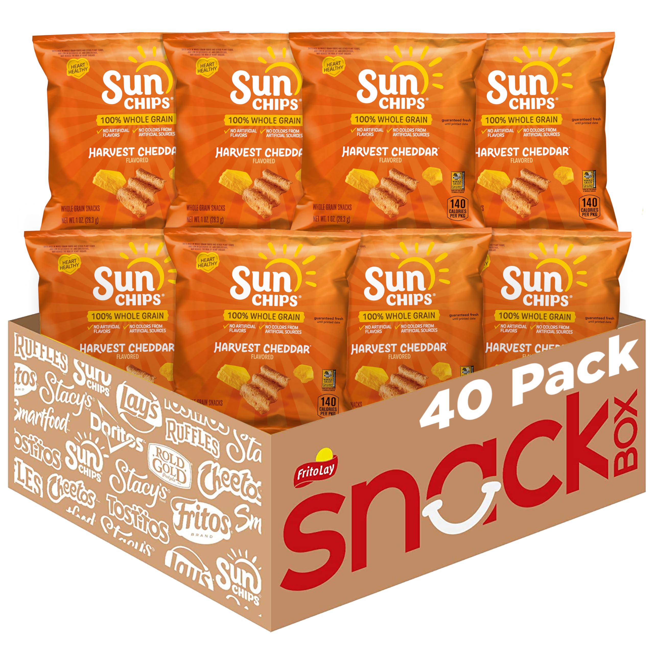 SunChips Harvest Cheddar front view of the 40 pack showing whole grain chips