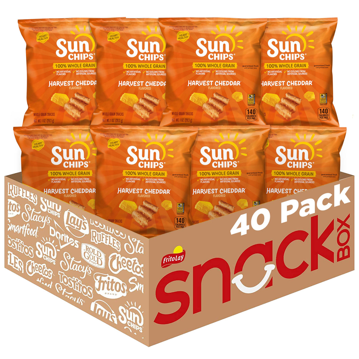 SunChips Harvest Cheddar front view of the 40 pack showing whole grain chips