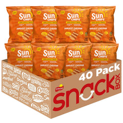 SunChips Harvest Cheddar front view of the 40 pack showing whole grain chips
