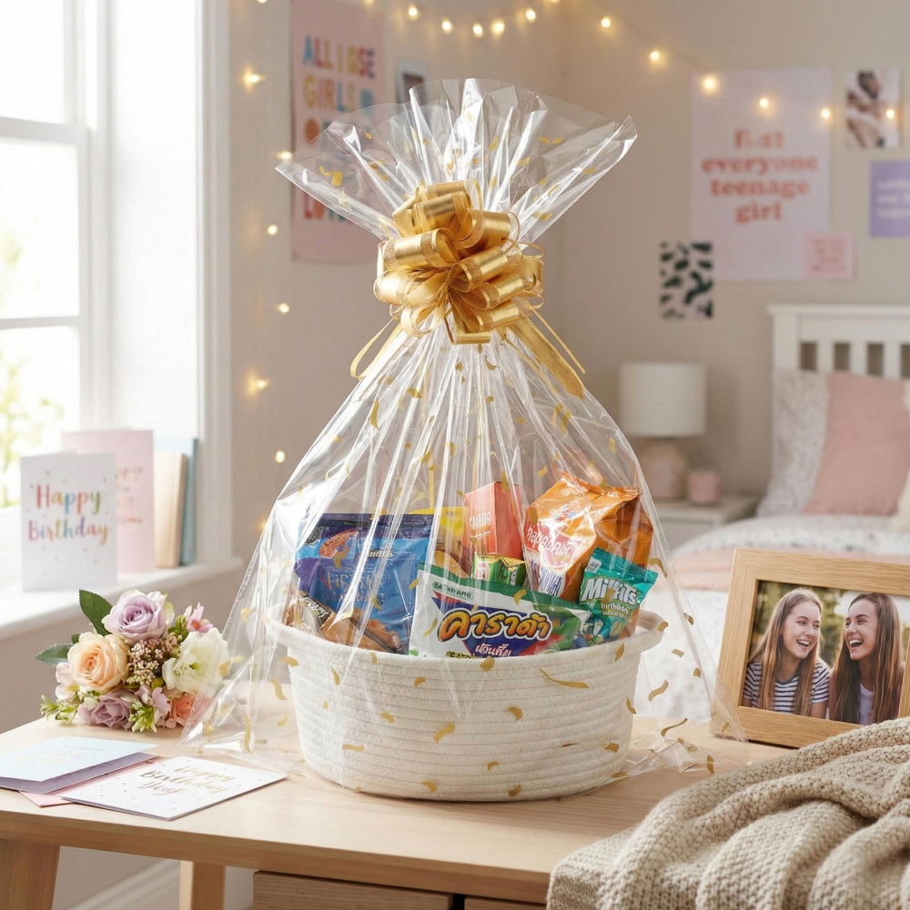 SUNCOLOR gift basket with gold pull bow elevating presentation