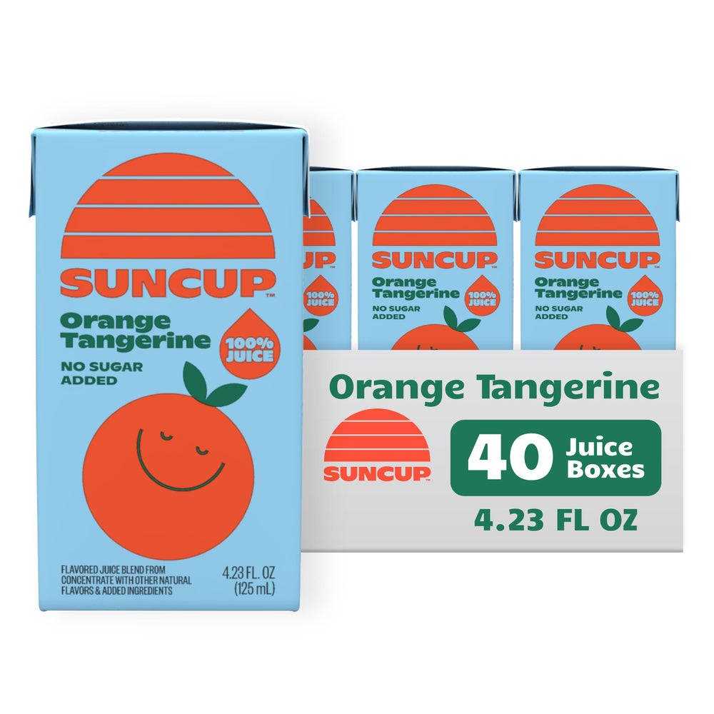 SunCup orange-tangerine juice box front view showing real juice and no added sugar for school lunches
