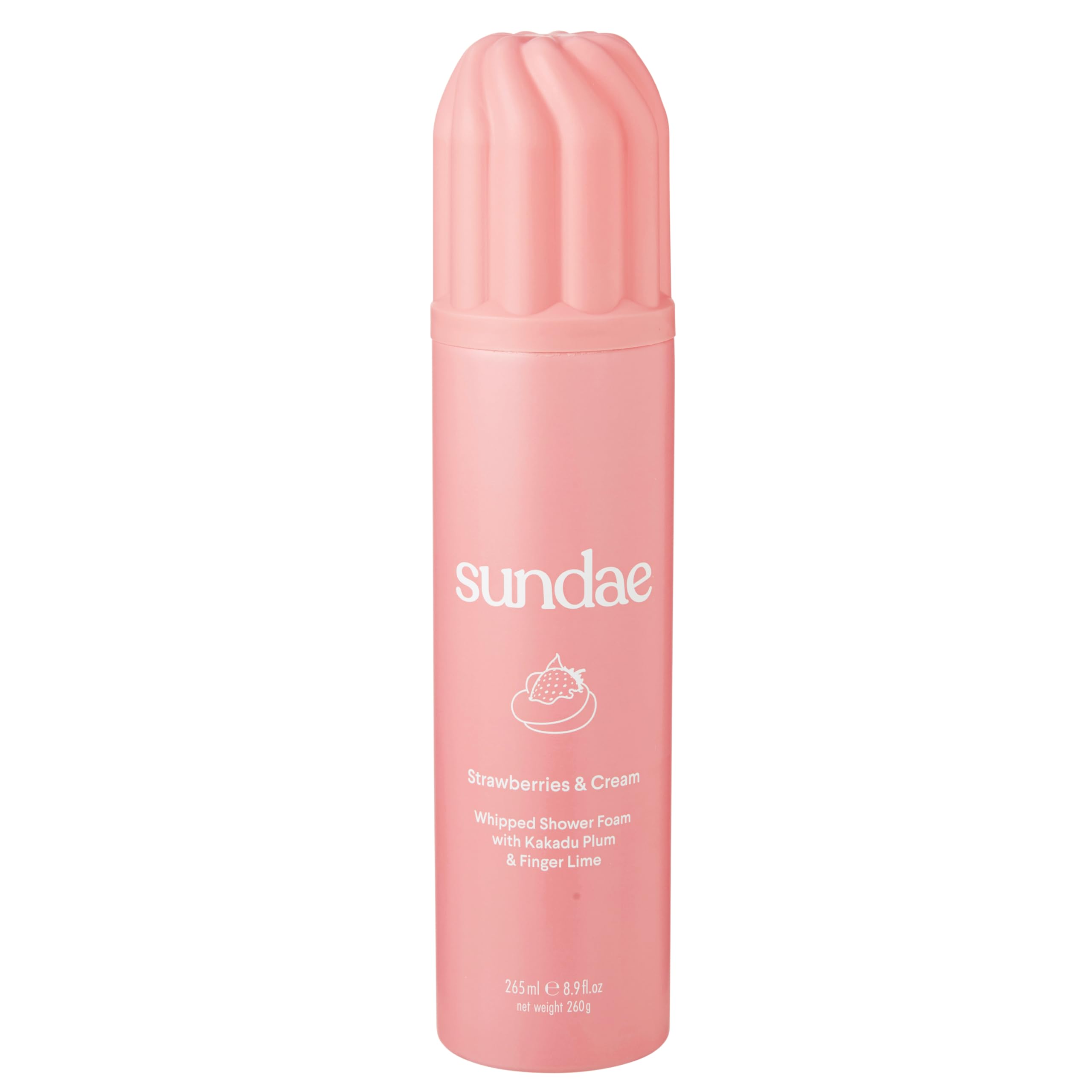 Sundae whipped shower foam bottle highlights strawberry cream aroma for a refreshing cleanse.