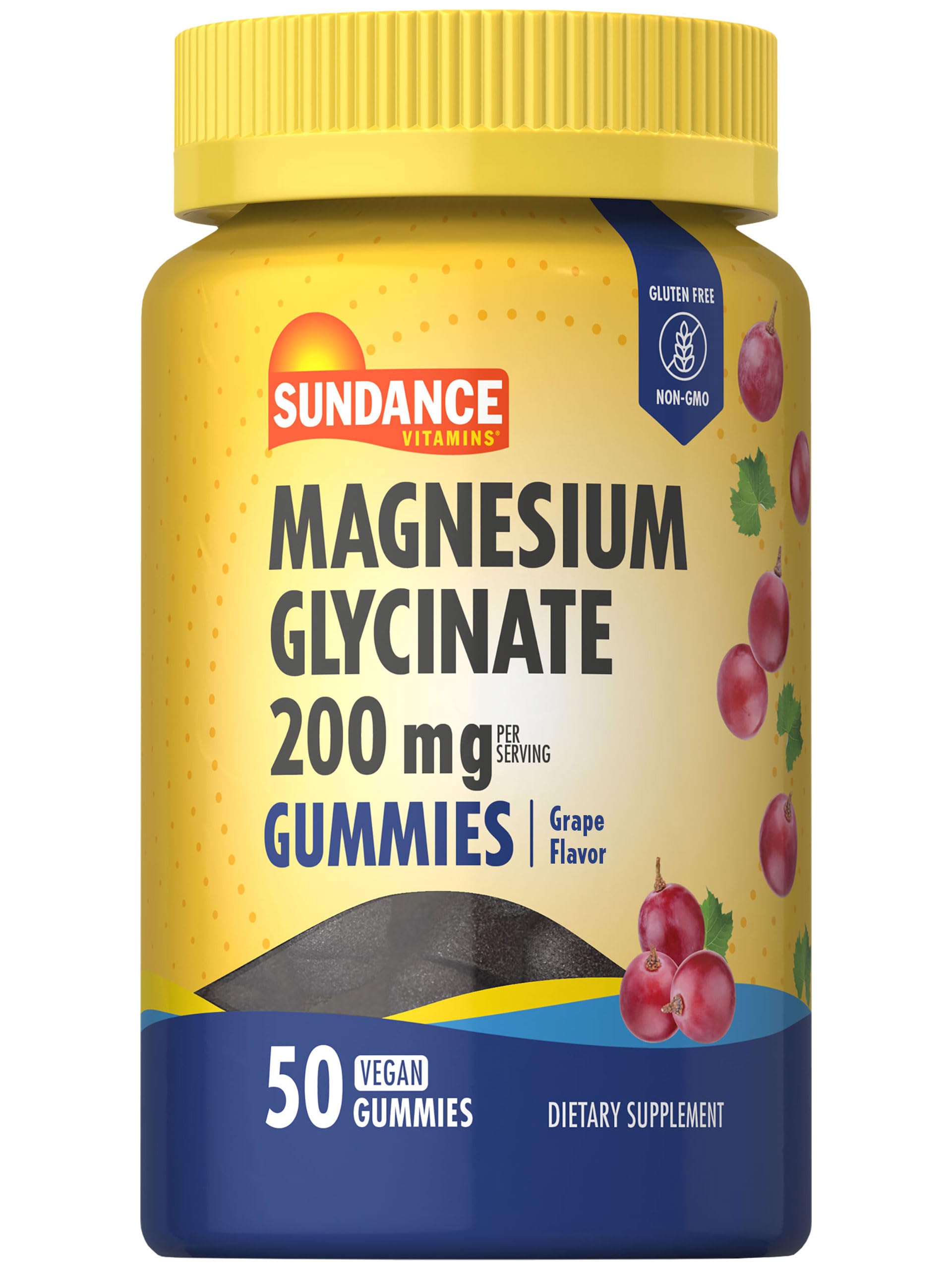 Sundance Magnesium Glycinate Gummies grape bottle shows vegan, gluten-free formula for daily use.