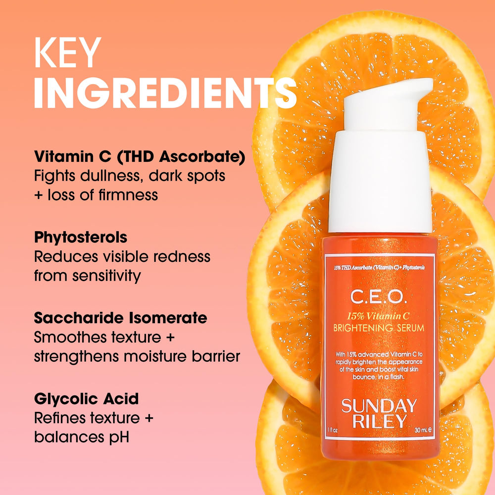 Sunday Riley C.E.O. serum on vanity for daily brightening ritual