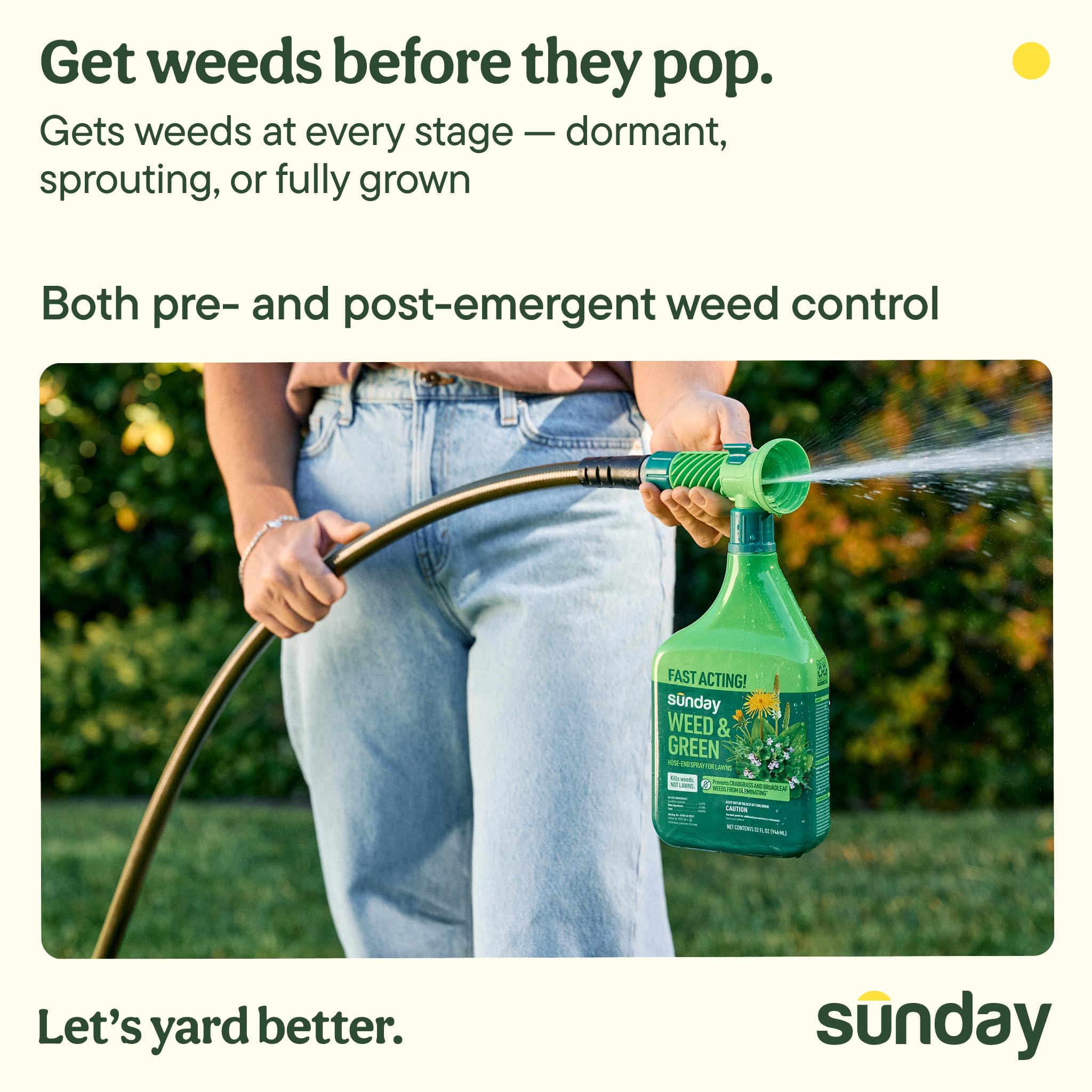 SUNDAY Weed & Green demonstrates 1250 sq ft coverage for weed prevention across turf
