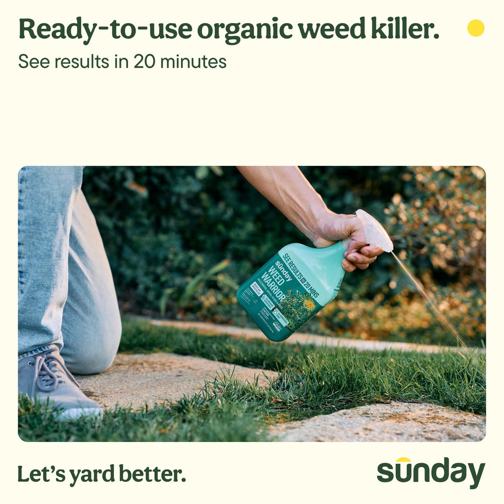 SUNDAY Weed Warrior label detail highlights organic formula for eco-friendly weed control.