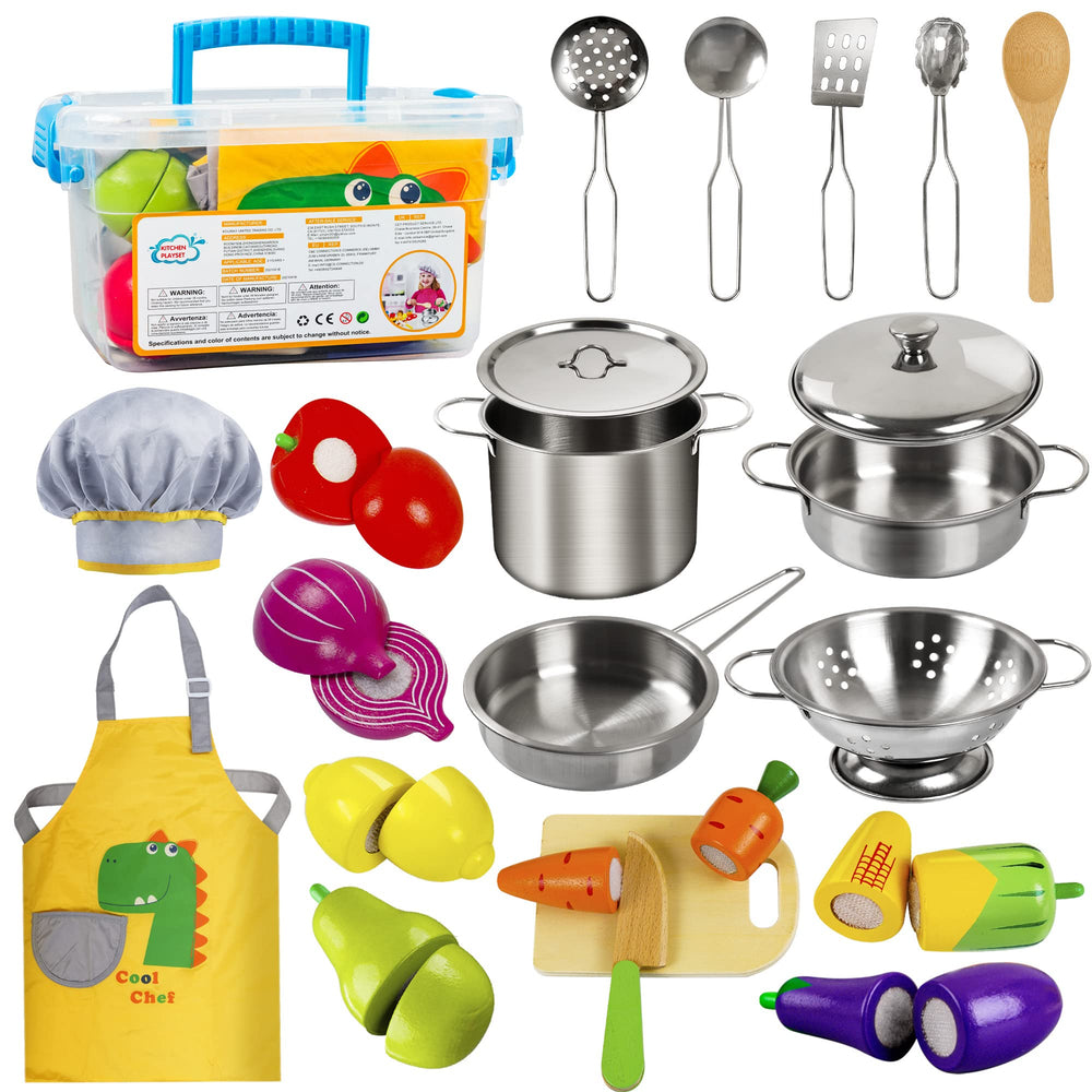 Sundaymot play kitchen pots and pans in stainless steel, durable for imaginative cooking play.