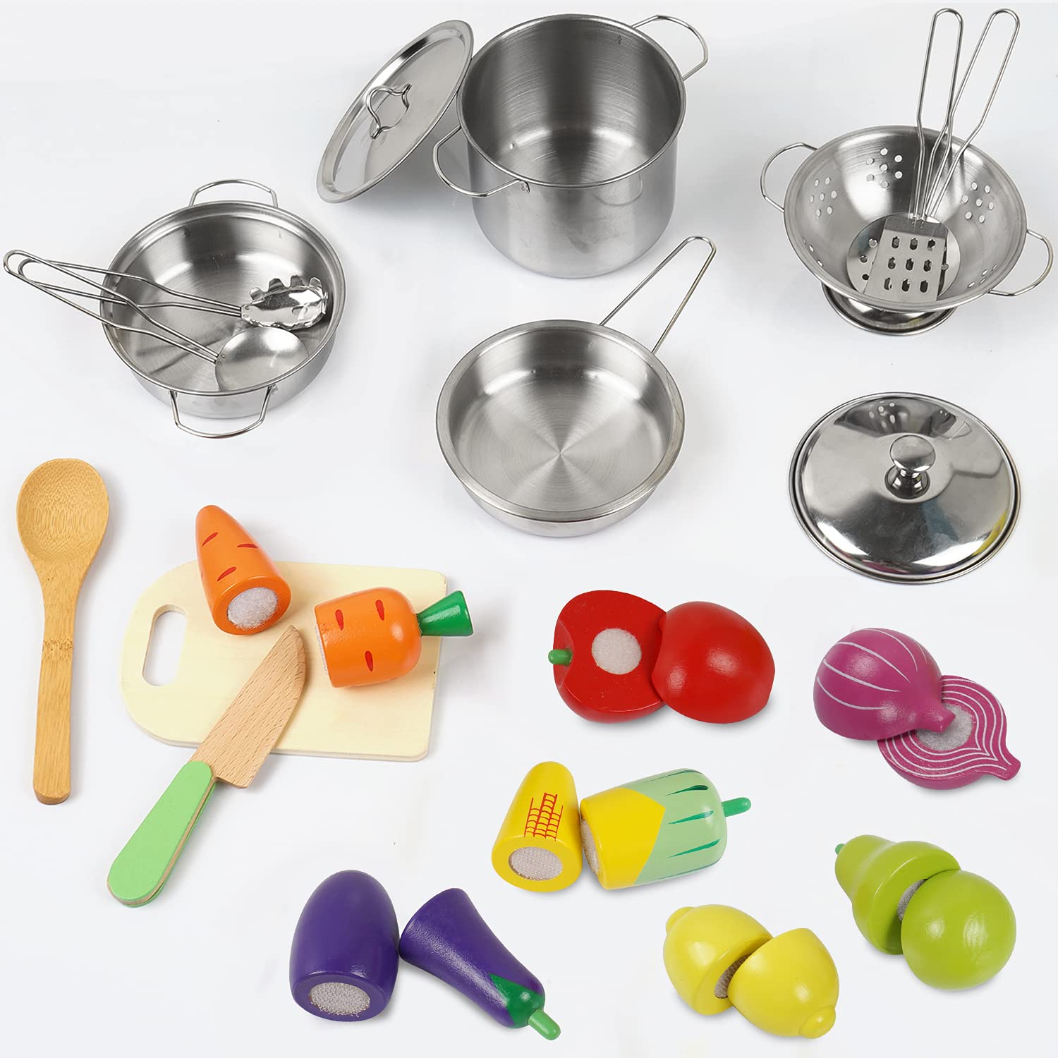 Sundaymot wooden fruits and vegetables, textured pretend food for hands-on learning.