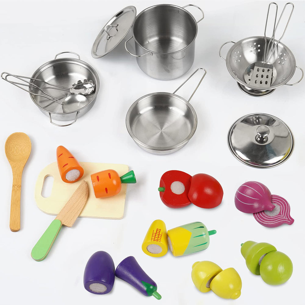 Sundaymot wooden fruits and vegetables, textured pretend food for hands-on learning.