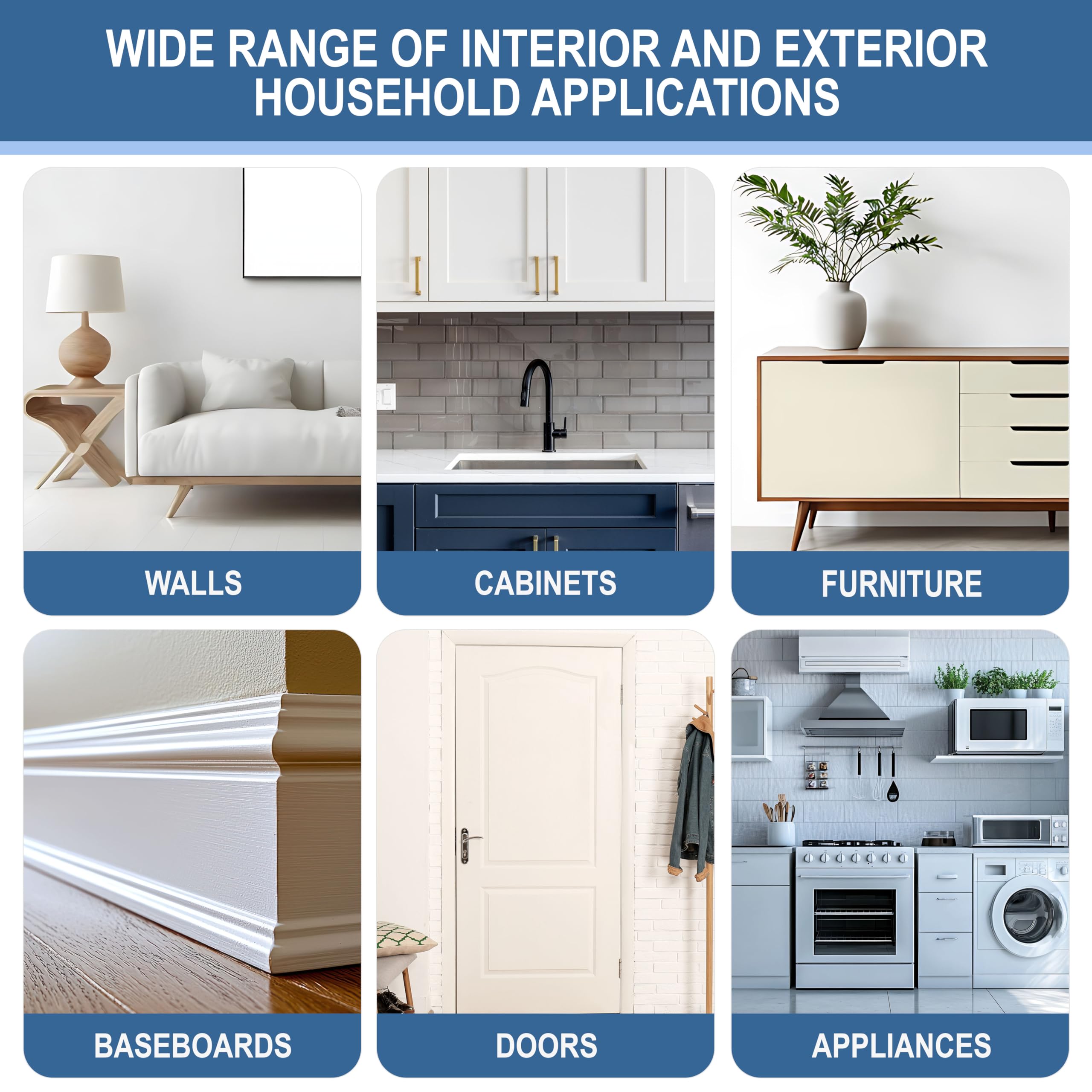 Sundaze multi-surface capability shown on cabinet edge and baseboard for durable results.