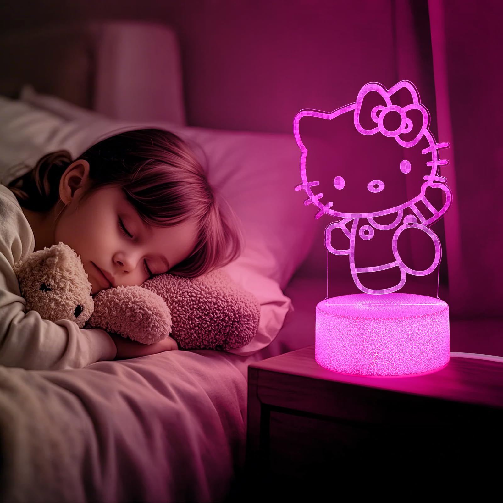 Sunduck Pink Kawaii Kitty 3D Night Light, close-up acrylic panel with crystal glow