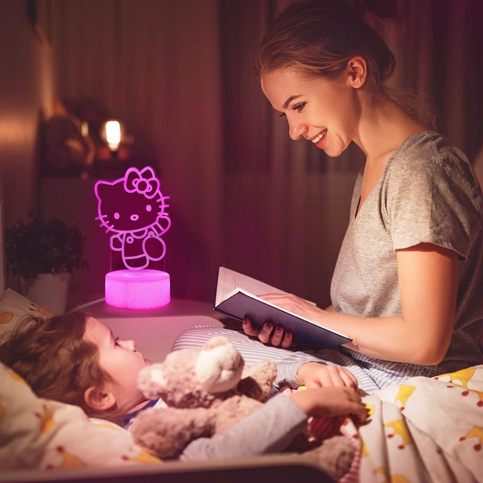 Sunduck Pink Kawaii Kitty 3D Night Light, diffused pink glow soothes eyes