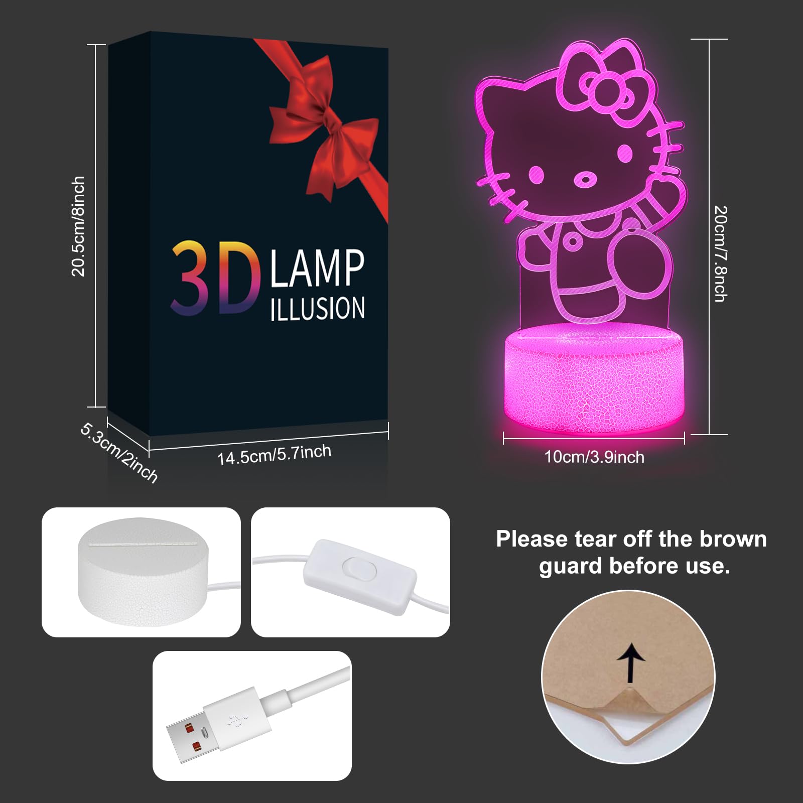 Sunduck Pink Kawaii Kitty 3D Night Light, durable acrylic edges for kid-friendly use