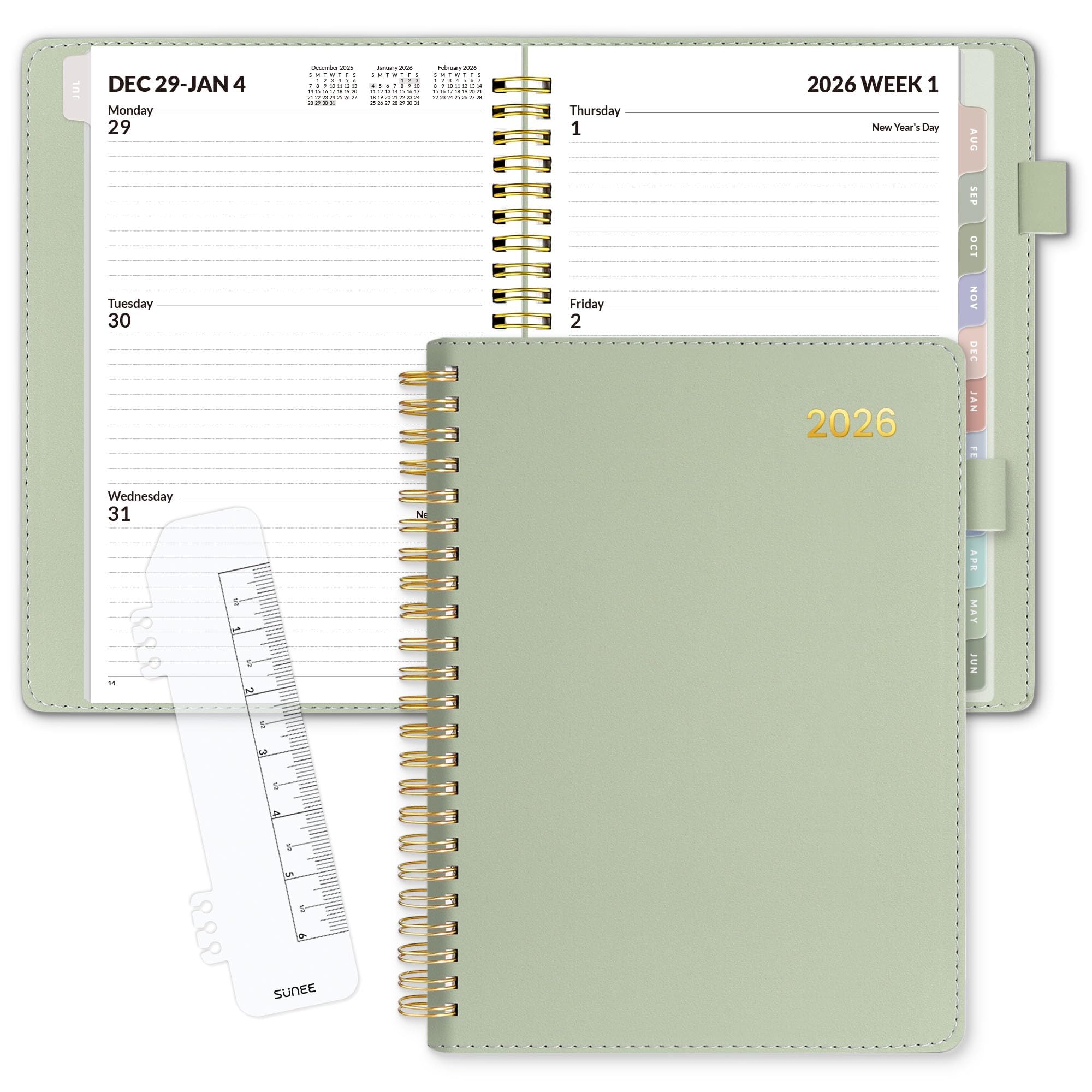 SUNEE 2026 planner cover in sage green with durable vegan leather for durability and style.
