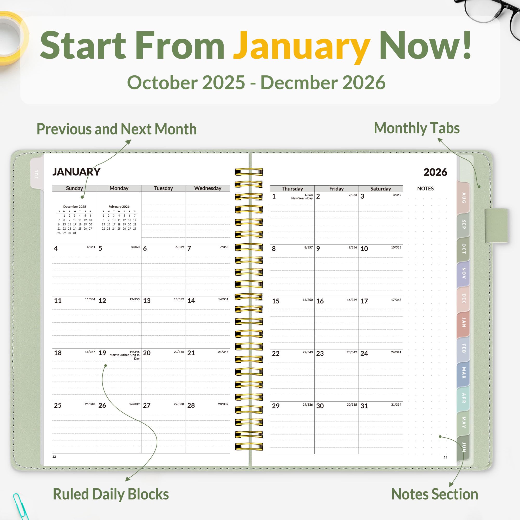 SUNEE weekly spread view offers ample writing space for tasks and appointments.