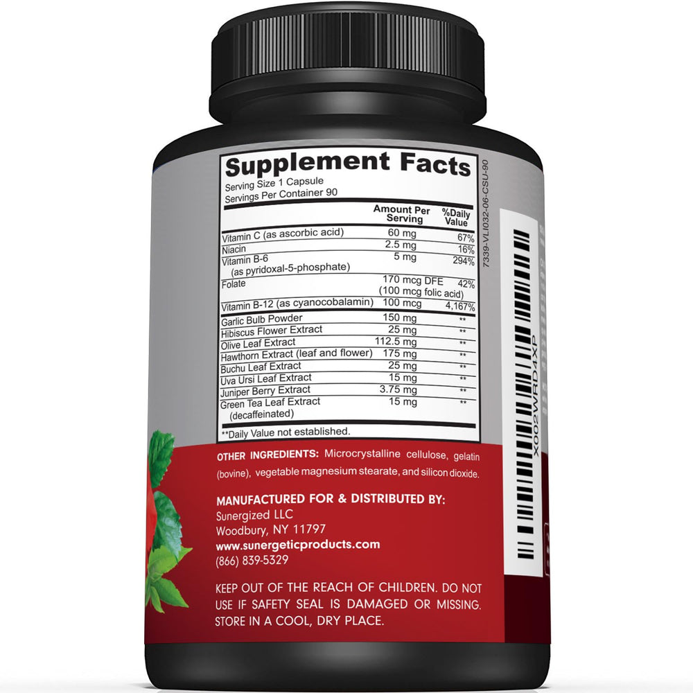 Sunergetic Blood Pressure capsules closeup highlighting convenient daily capsules for healthy circulation