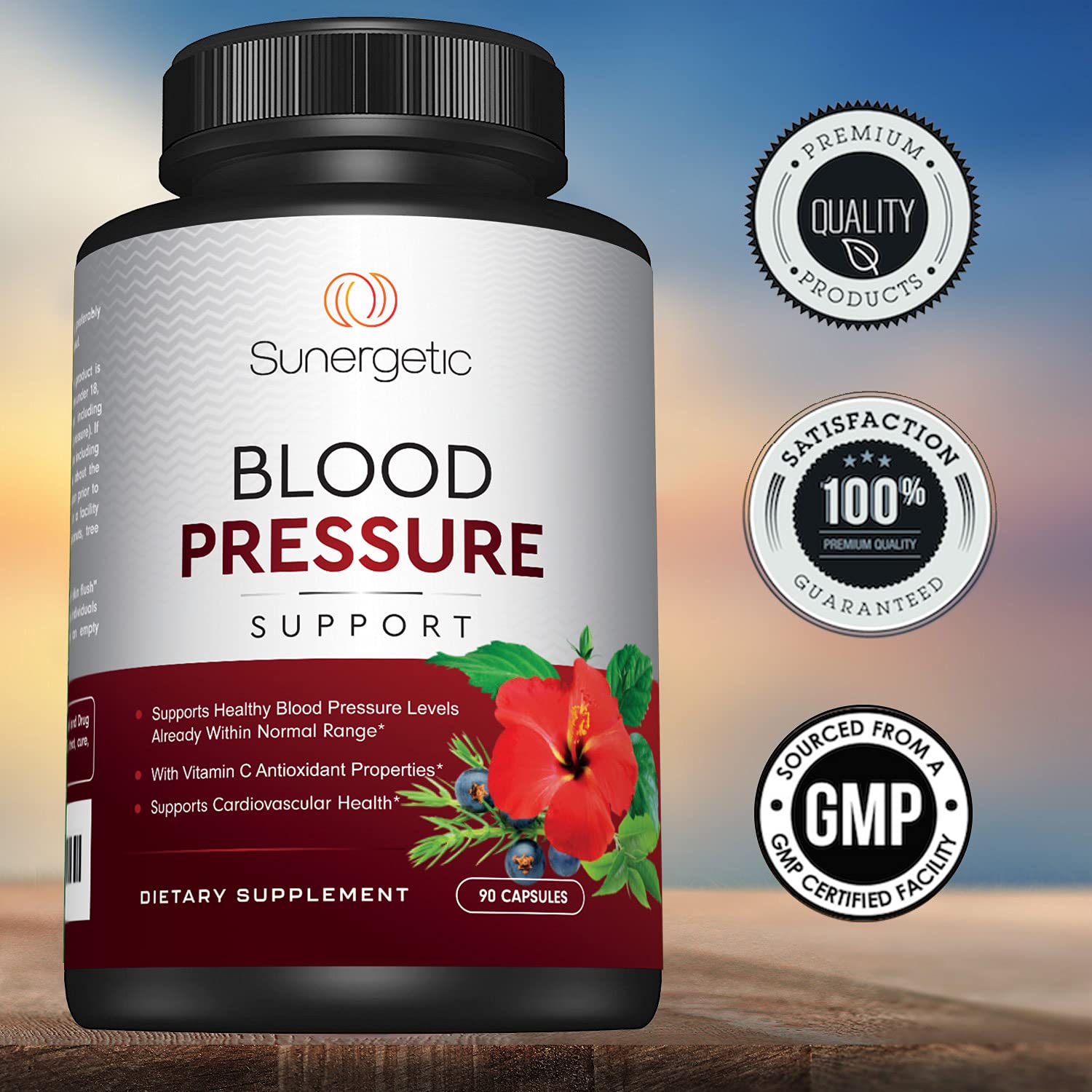 Sunergetic Blood Pressure label closeup highlighting GMP quality