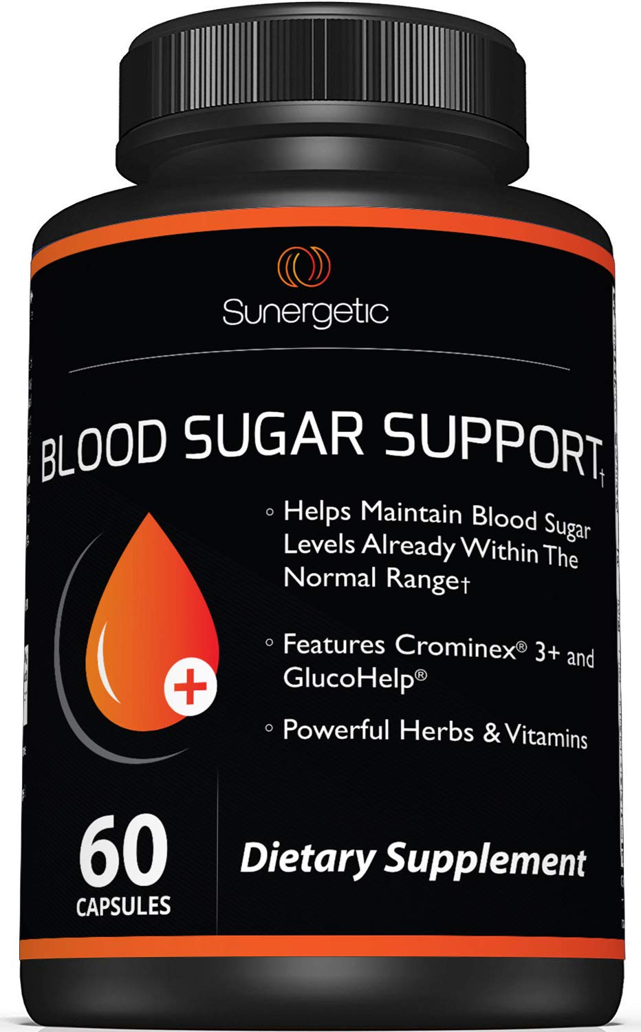 Sunergetic Blood Sugar Support bottle shown, promotes daily wellness within normal ranges.