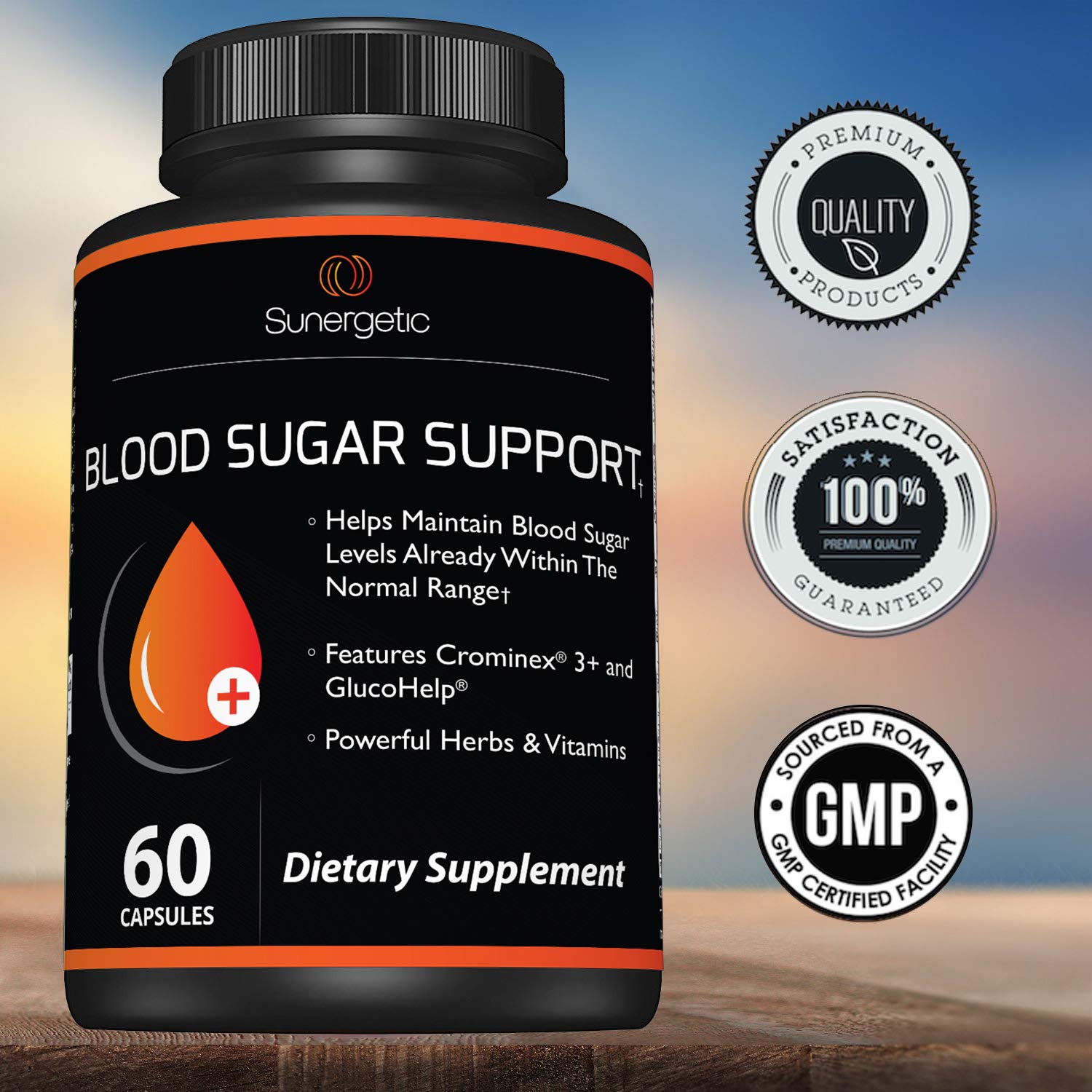 Sunergetic bottle with label close-up showcases premium formulation.