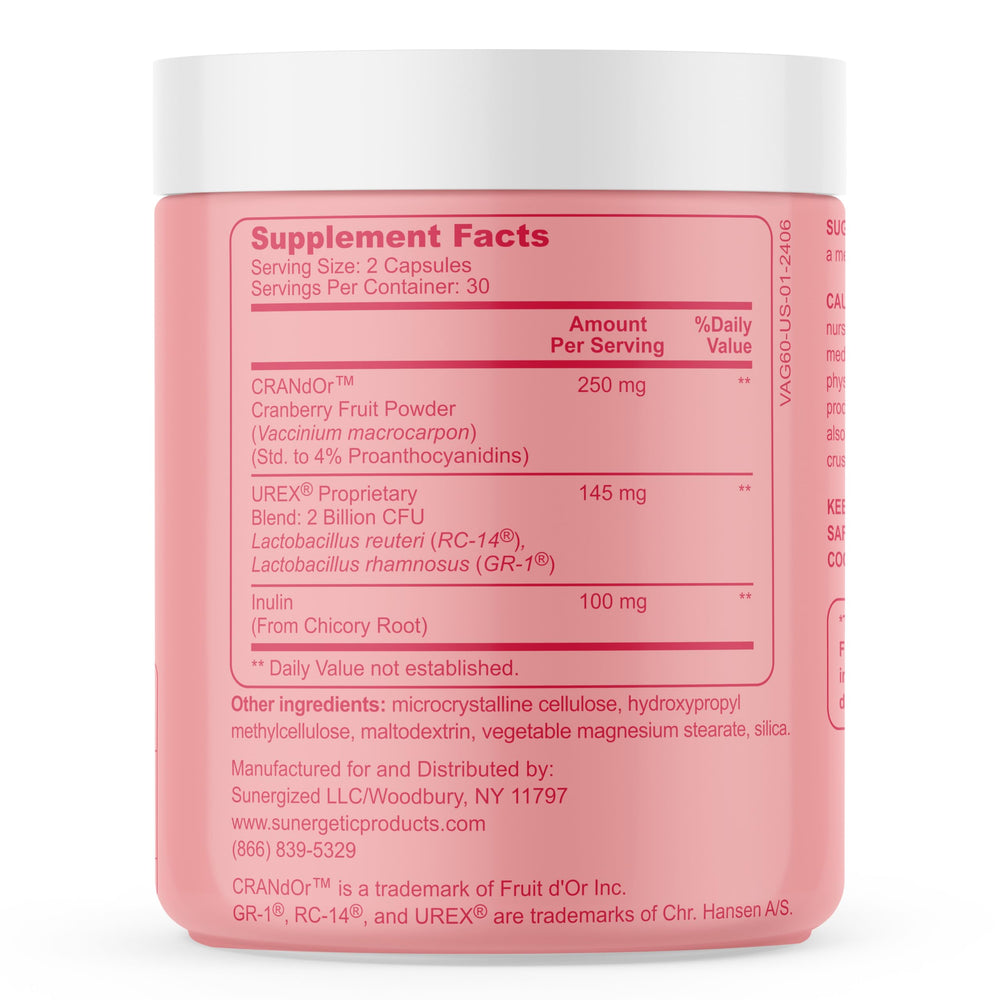 Sunergetic capsules poured next to cranberry imagery and fiber symbols.