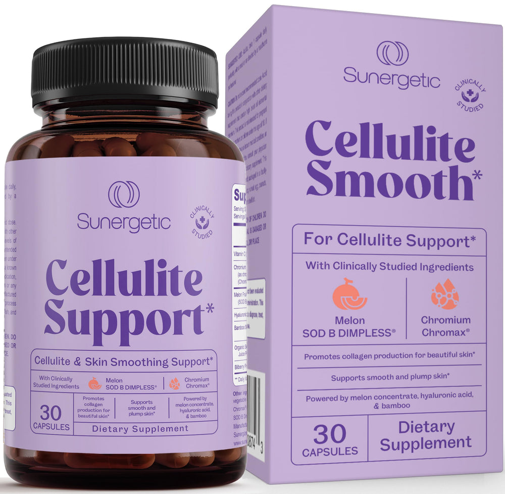 Sunergetic cellulite supplement bottle front for daily skin smoothing