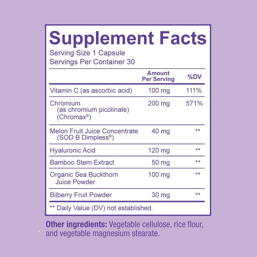 Sunergetic cellulite supplement label close up highlighting melon extract