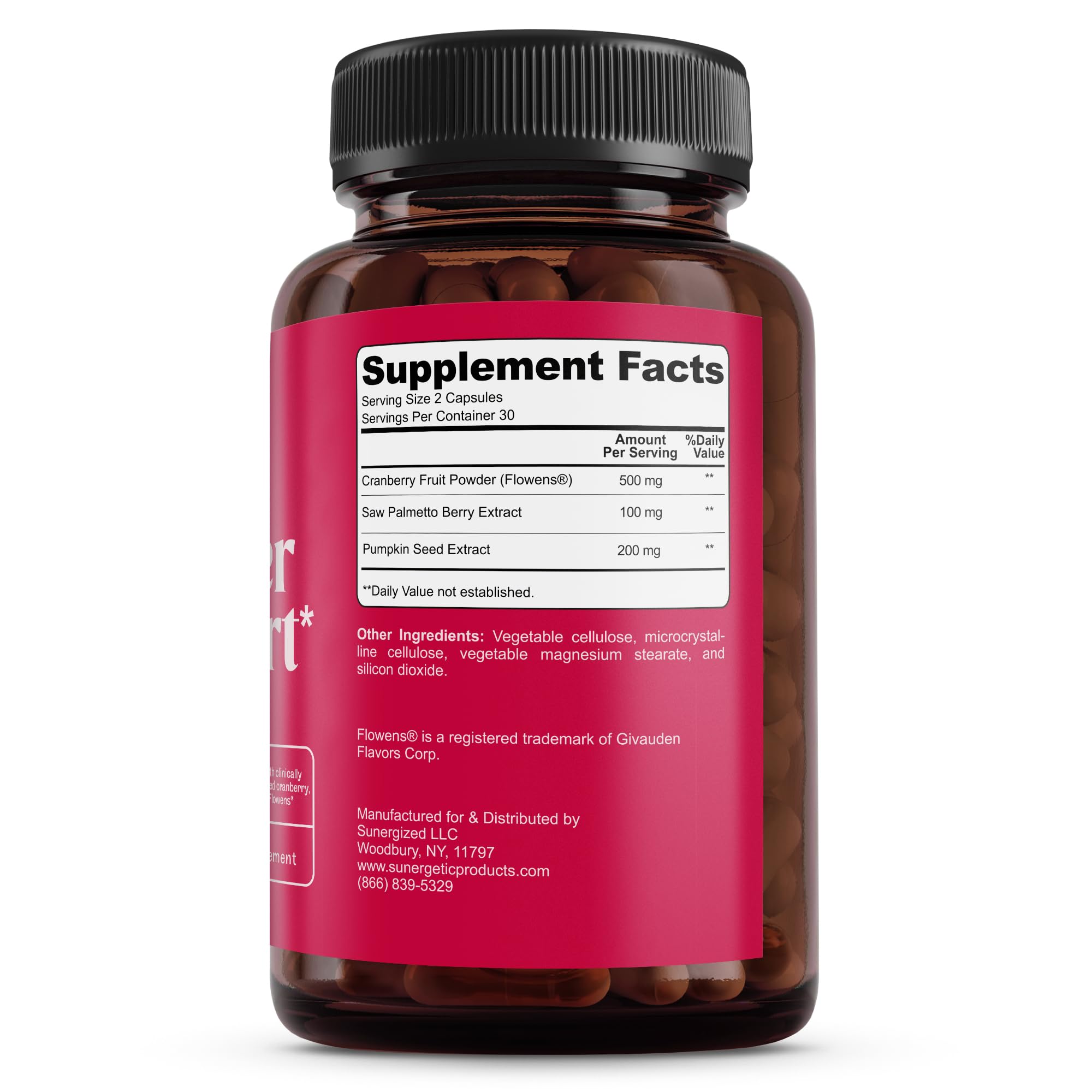 Cranberry Flowens capsules badge visible on Sunergetic product.