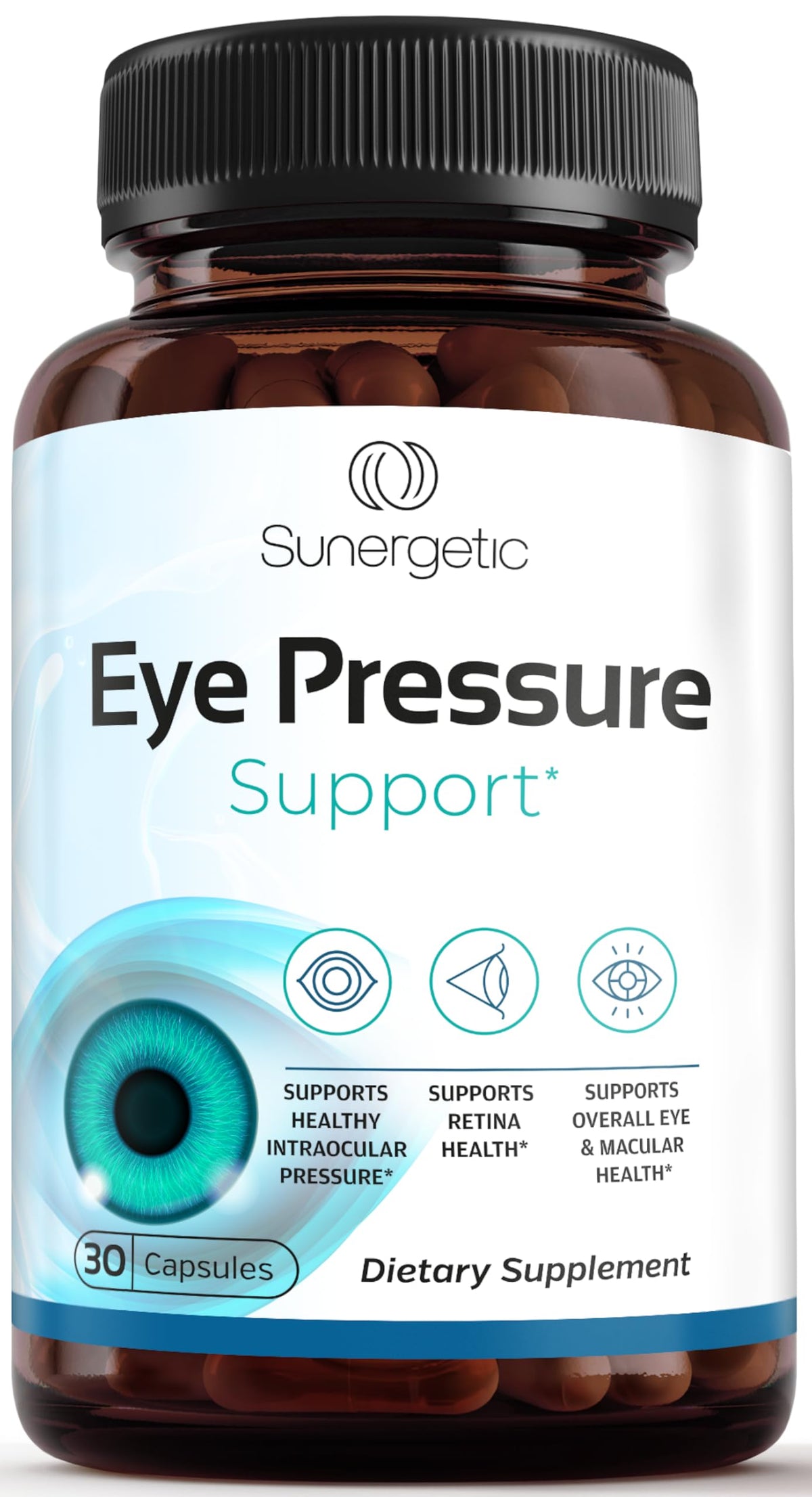 Sunergetic eye pressure supplement bottle supports daily eye health and normal pressure.