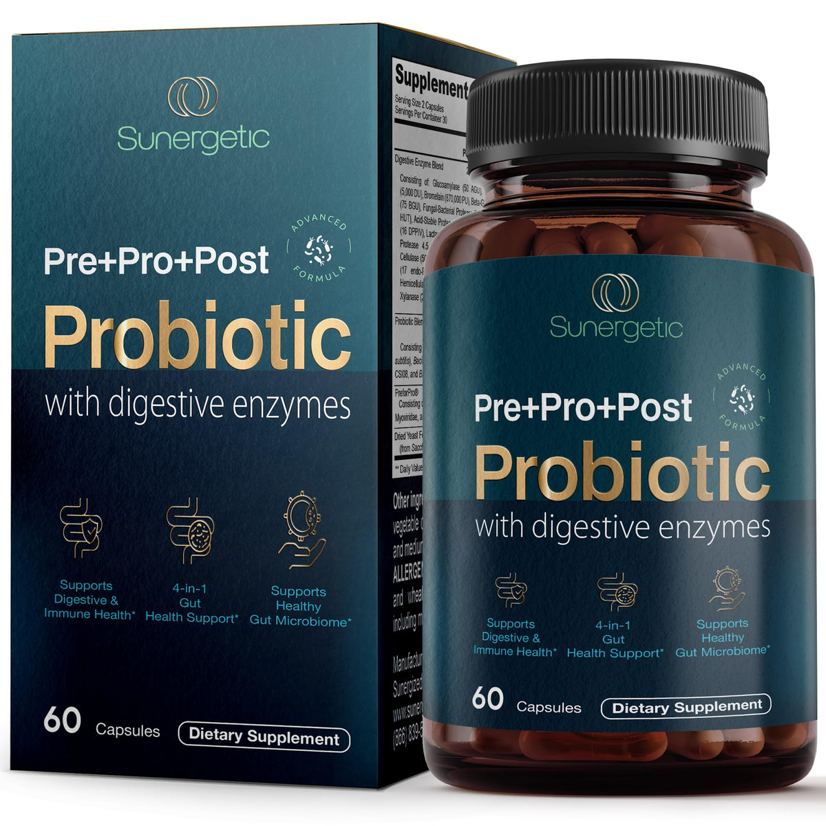 Sunergetic 4-in-1 probiotic bottle front view highlighting brand for gut support