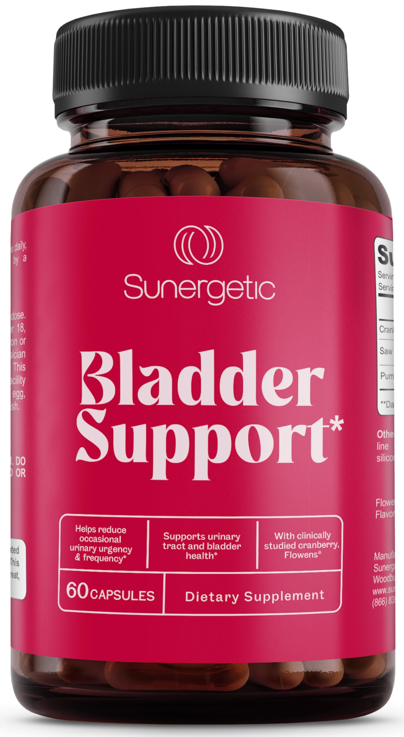 Sunergetic Premium Bladder Support bottle with capsules for daily urinary health.