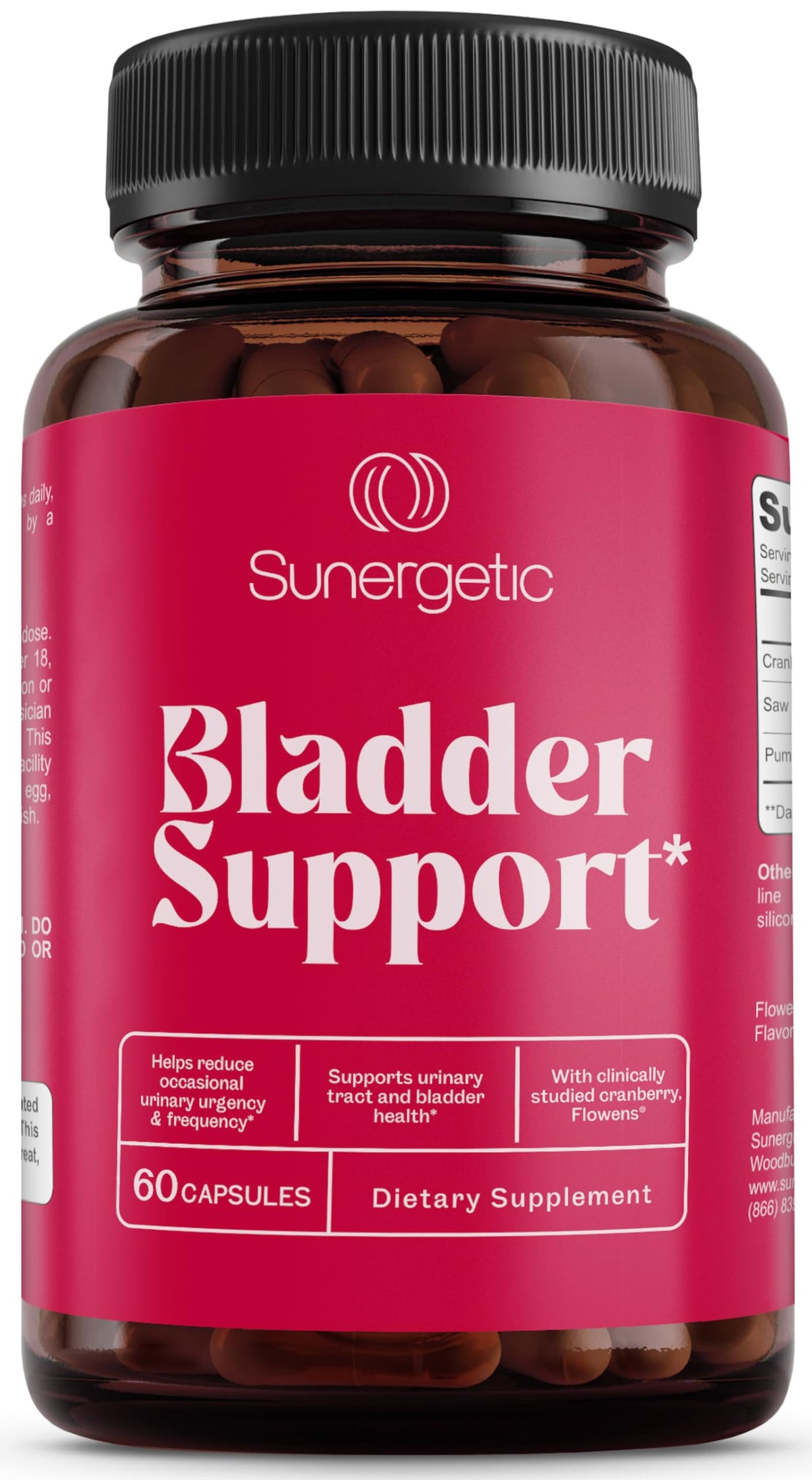 Sunergetic Premium Bladder Support bottle with capsules for daily urinary health.