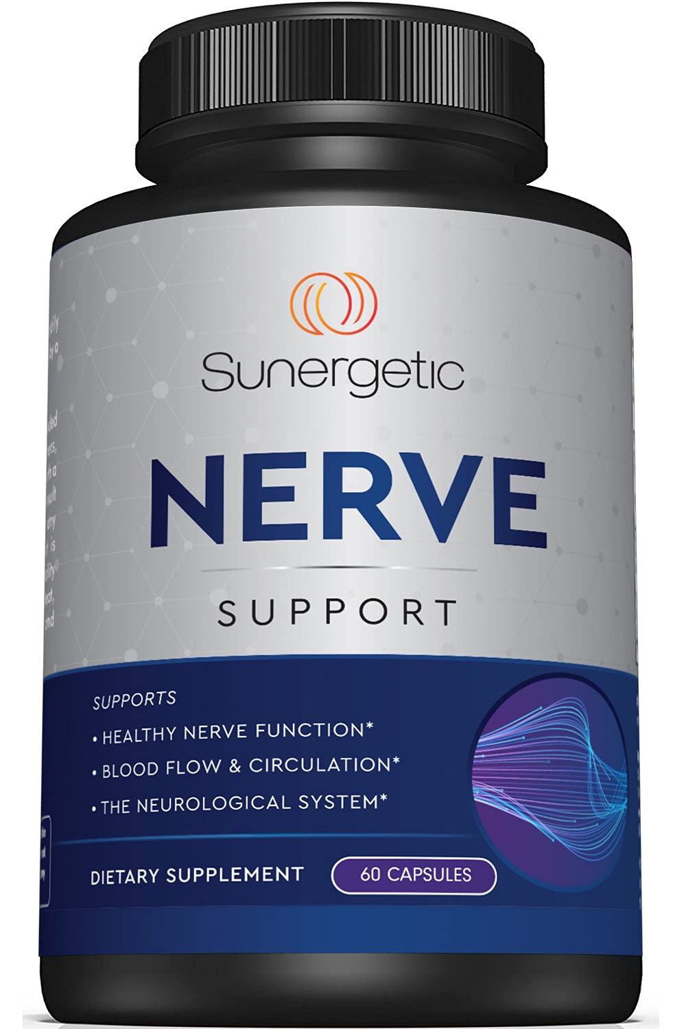 Sunergetic Premium Nerve Support bottle on display promoting daily circulation support